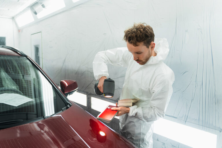Car painter man determines the correct tone of a vehicle body colour using a special colorist's lamp. Auto body repairman in garage